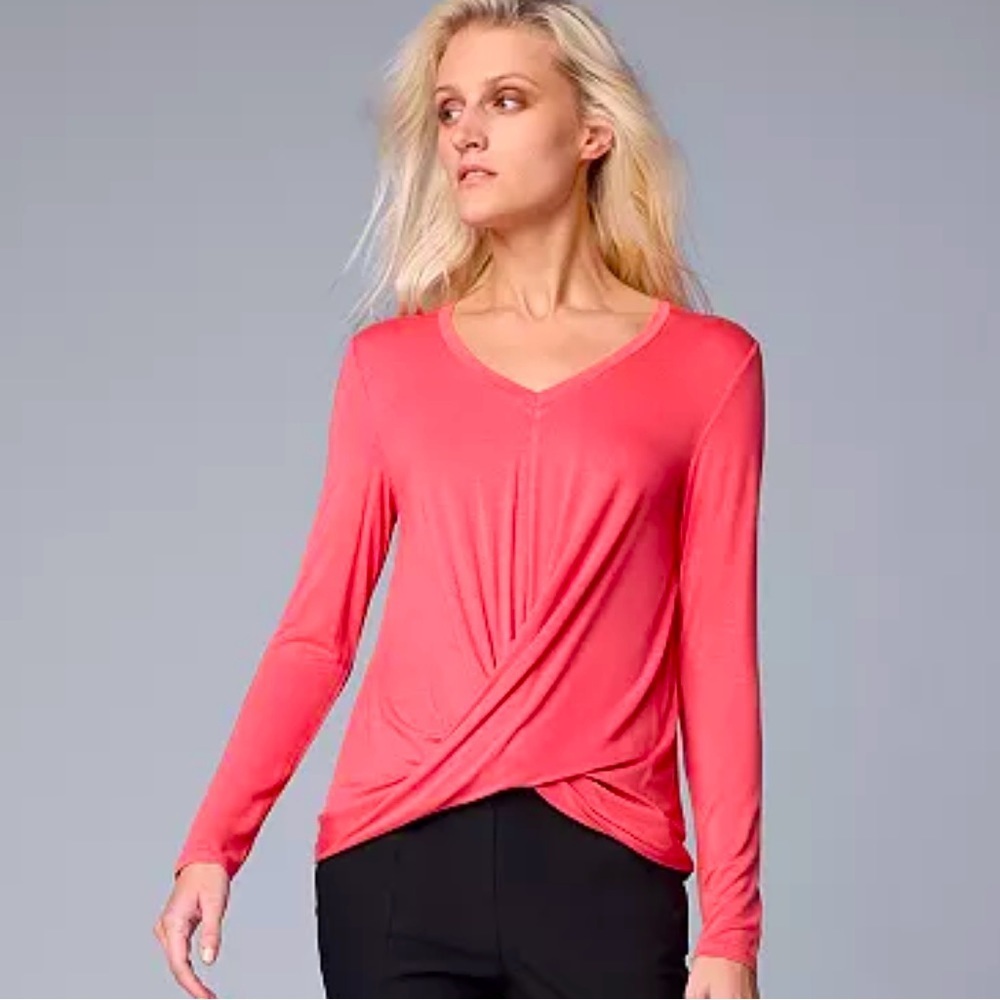 Vera Wang Simply Vera Coral Pink Long Sleeve Tee T-Shirt Top Blouse Large Knot